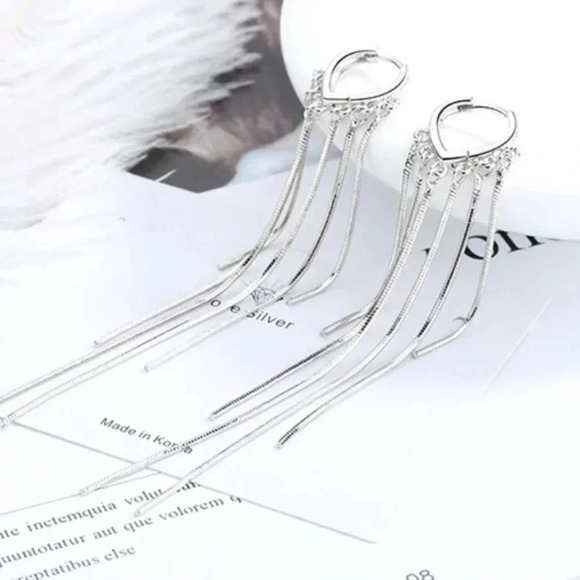 Silver Long Tassel Drop Huggie Hoop Earrings - Picture 6 of 7